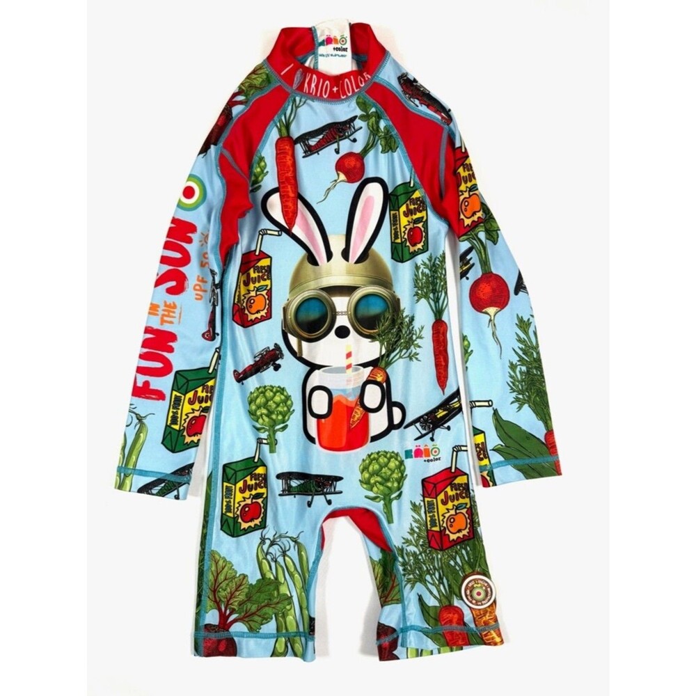 KRIO + COLOR Kids Swimsuit Size 4-6 Multicolor Bunny Long Sleeve Rash Guard UPF